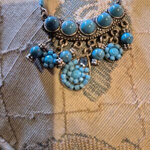 Vtg Tribal Turquoise & Aqua Hand-Beaded Necklace W/Silver Accents Aqua Crystals